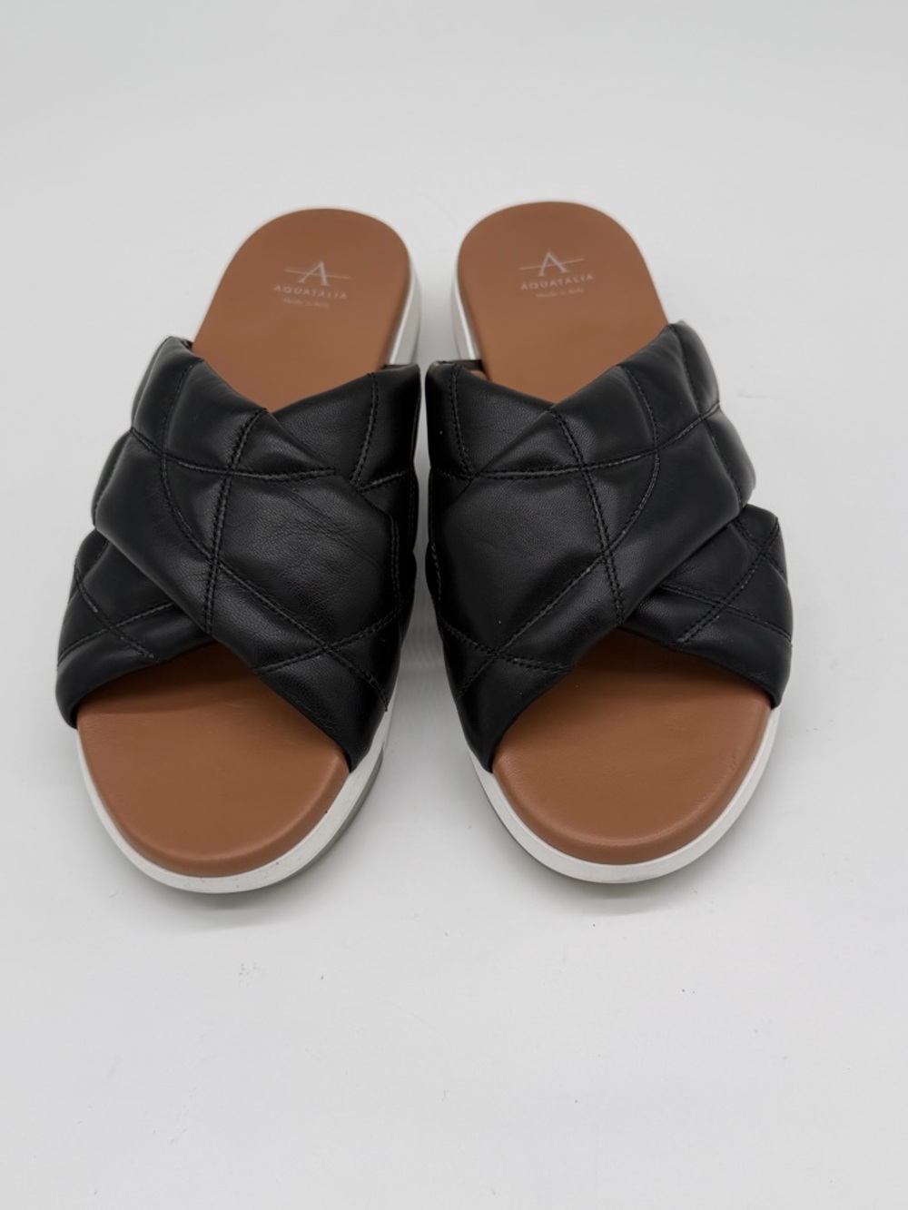 Aquatalia Black Quilted Leather Slide Sandals